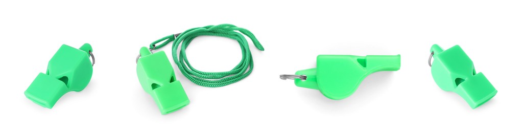 Green whistle with cord isolated on white, set