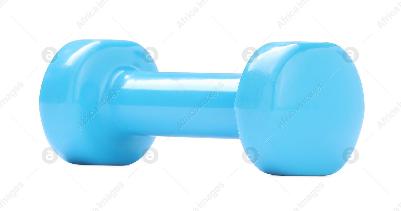 Photo of Light blue dumbbell isolated on white. Sports equipment