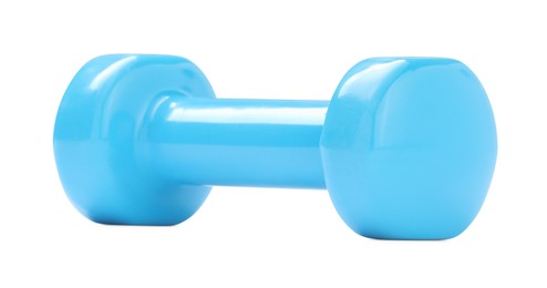 Light blue dumbbell isolated on white. Sports equipment