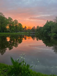 Photo of Picturesque view of pond at bright sunset