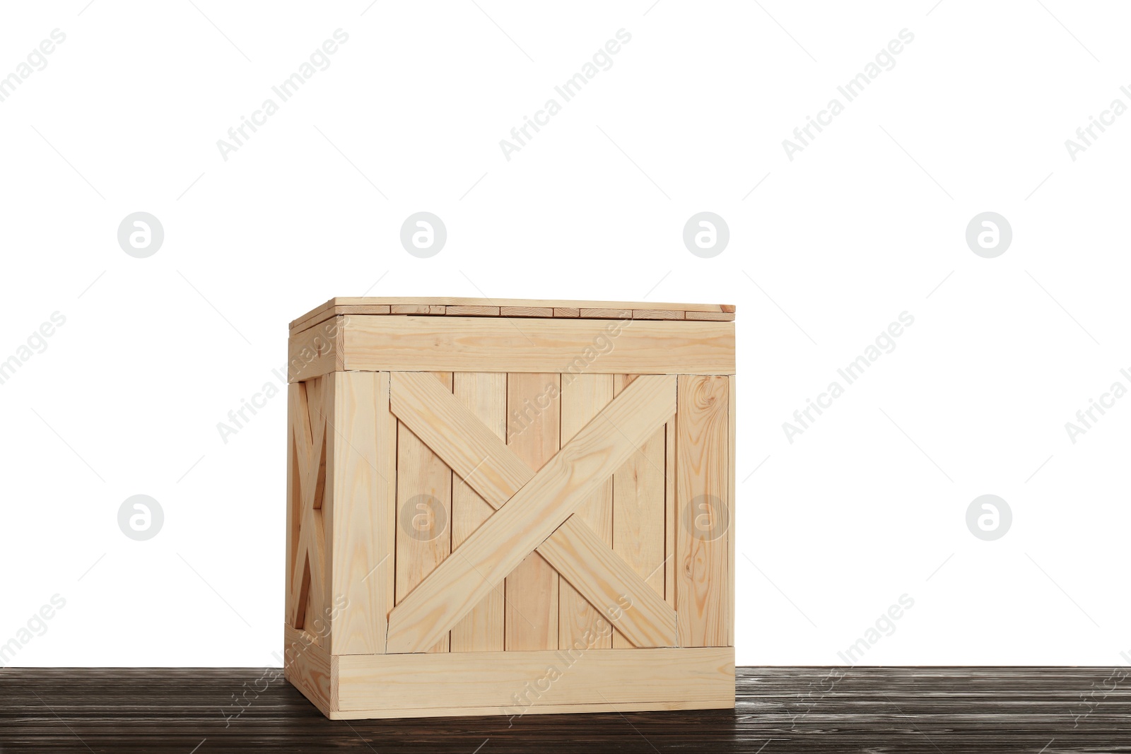 Photo of Wooden crate on table against white background. Space for text