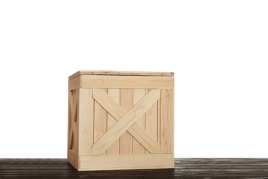 Wooden crate on table against white background. Space for text