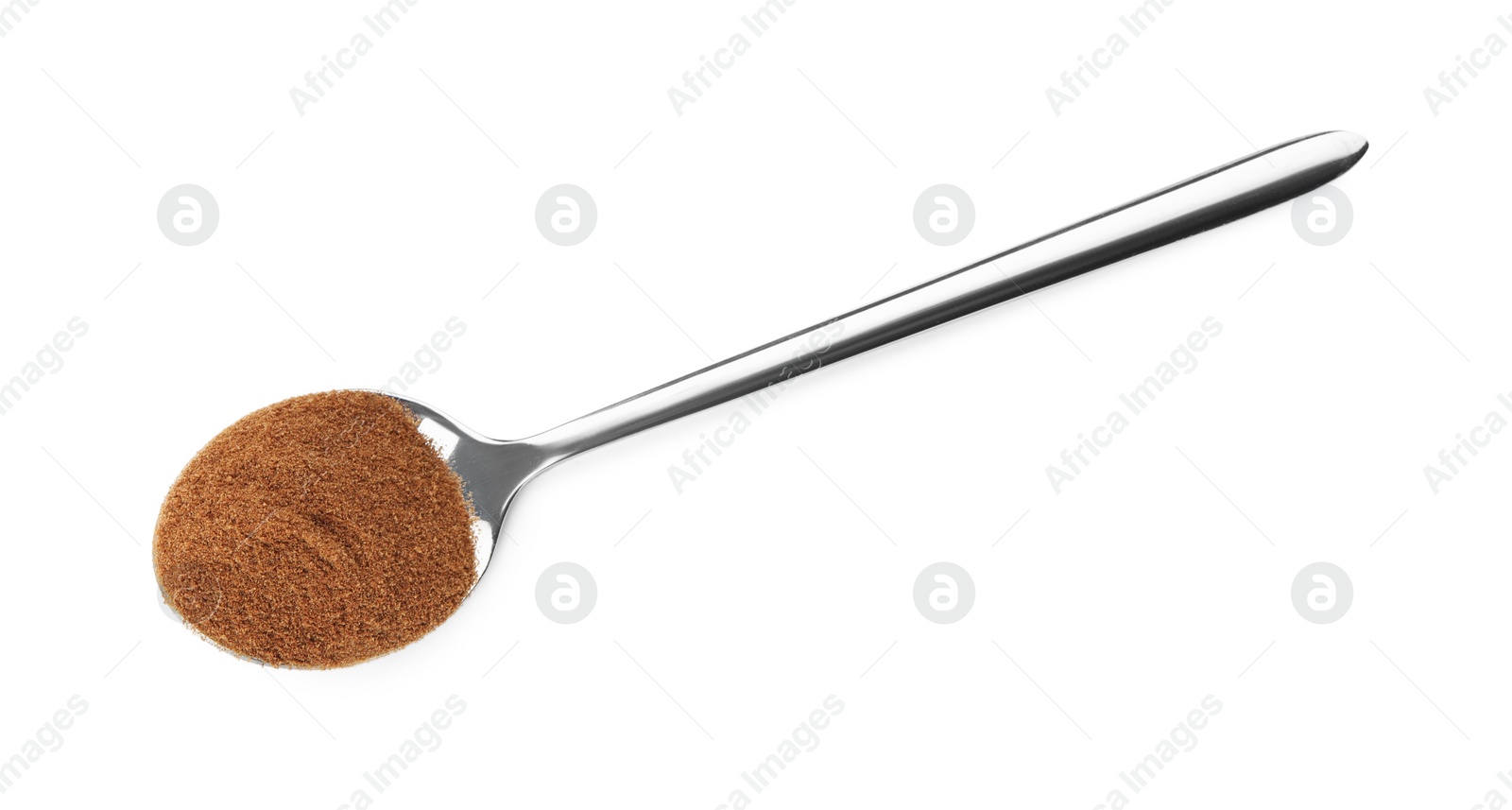 Photo of Spoon of chicory powder isolated on white, top view