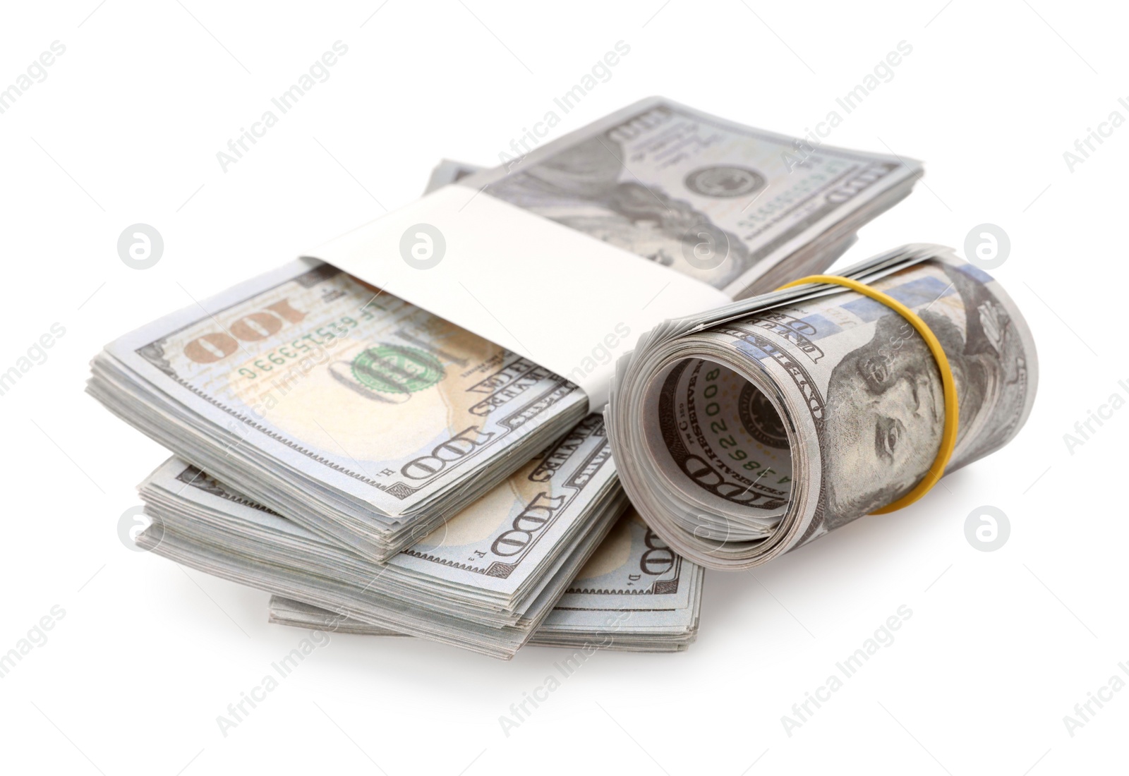 Photo of Many dollar banknotes on white background. American national currency