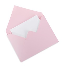 Pink letter envelope with card isolated on white, top view