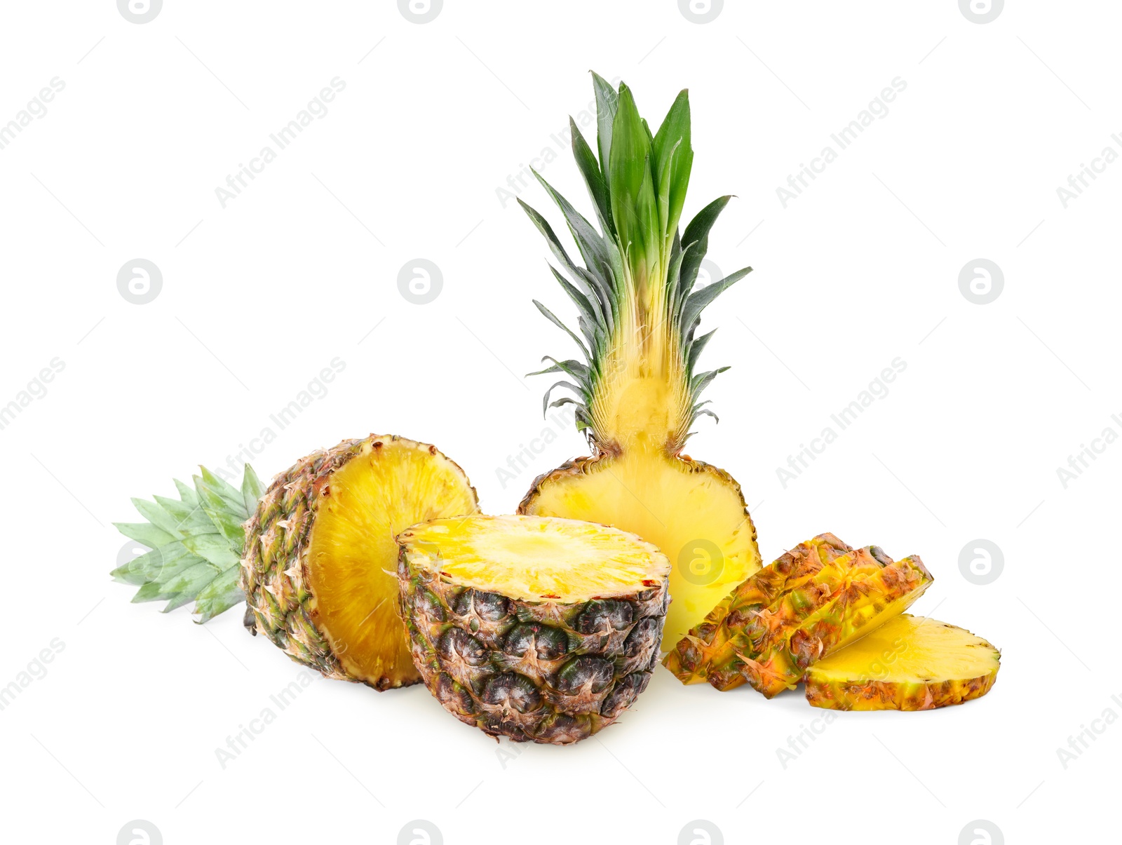 Image of Cut fresh juicy pineapples isolated on white