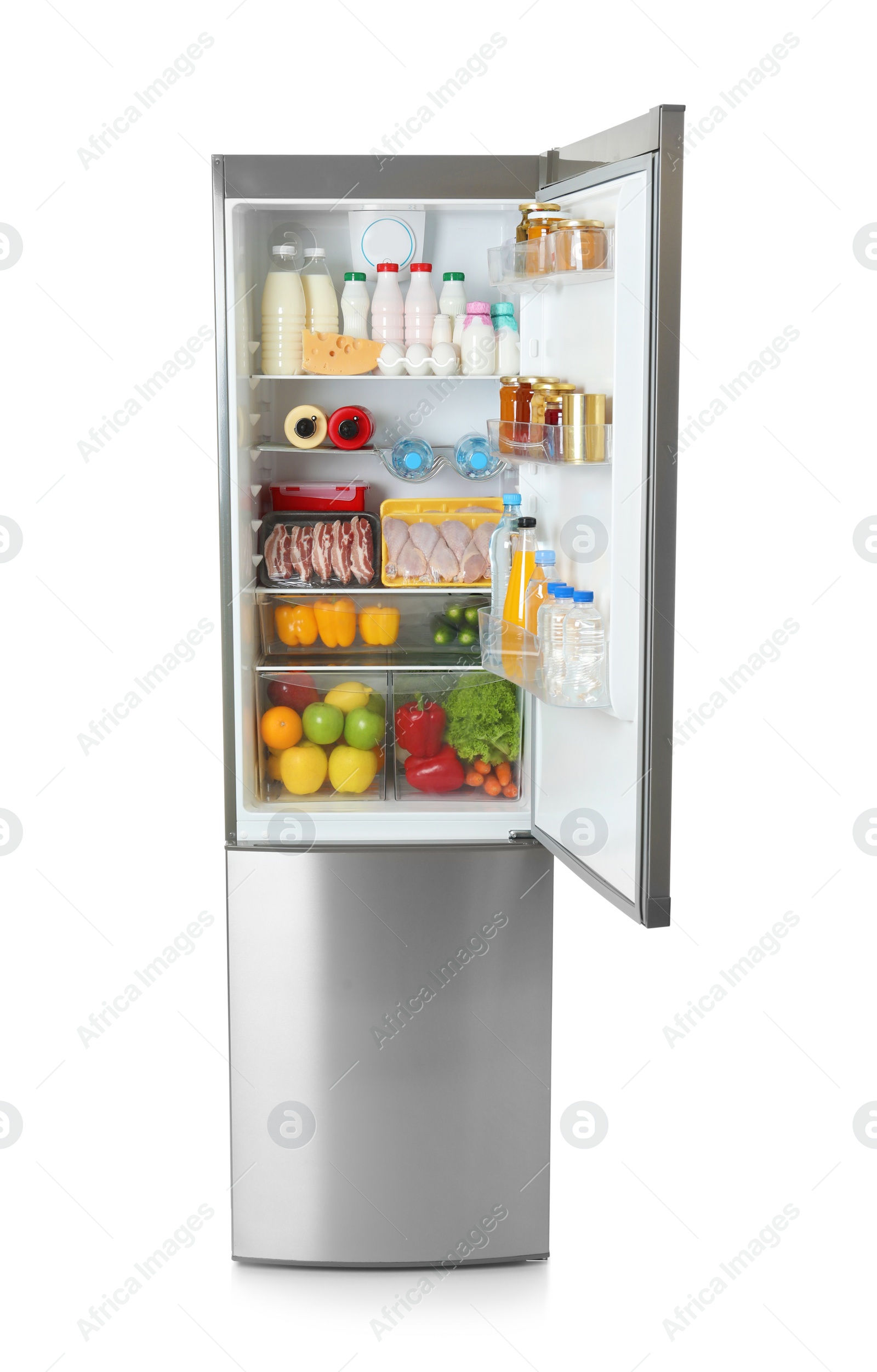 Photo of Open refrigerator with many different products on white background