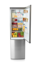 Photo of Open refrigerator with many different products on white background