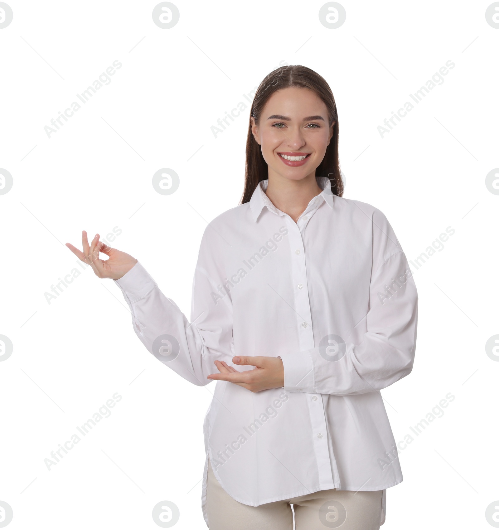 Photo of Beautiful woman showing something on white background. Weather forecast reporter