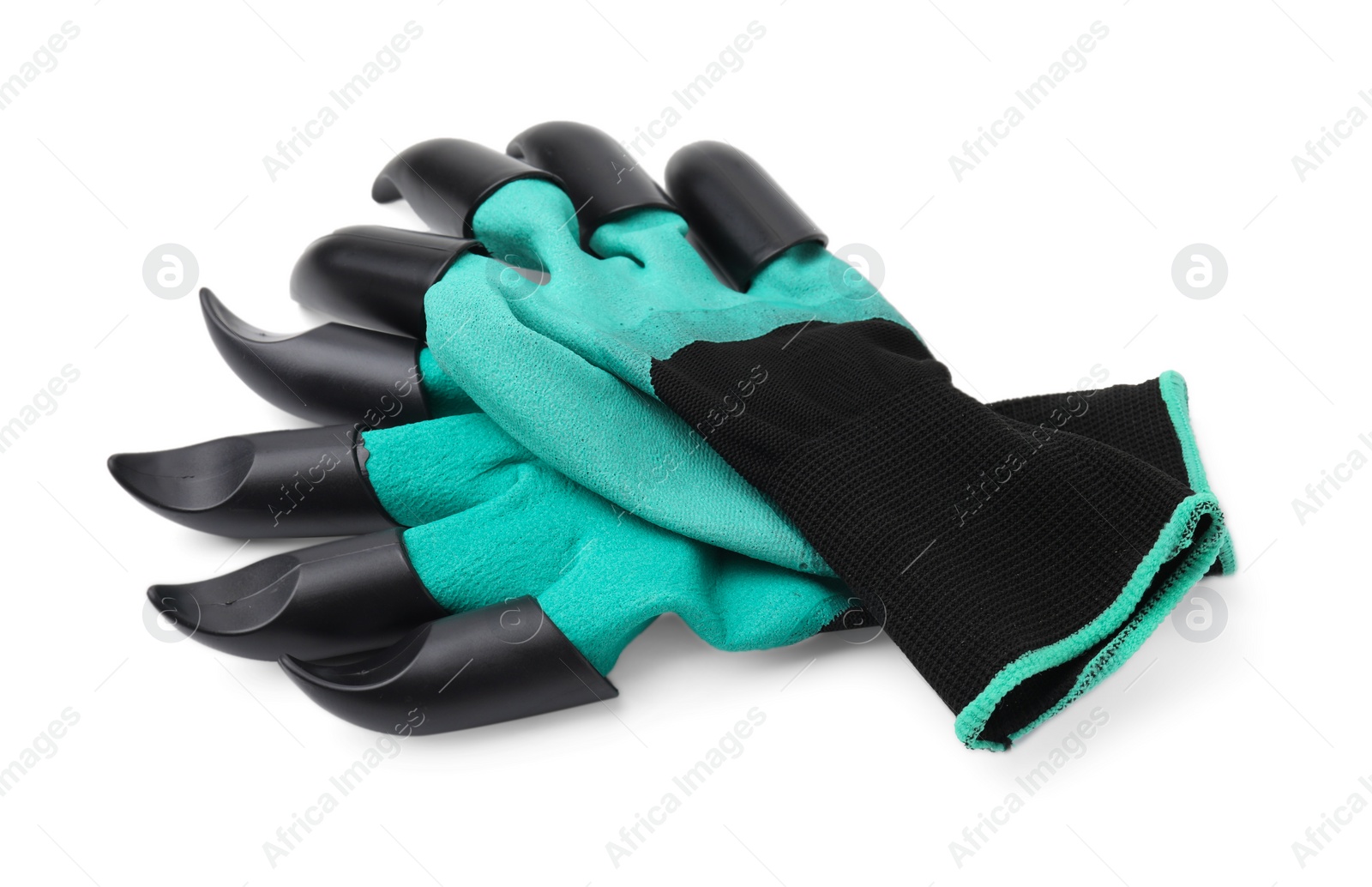 Photo of Pair of claw gardening gloves isolated on white