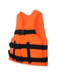 Photo of Orange life jacket isolated on white. Personal flotation device