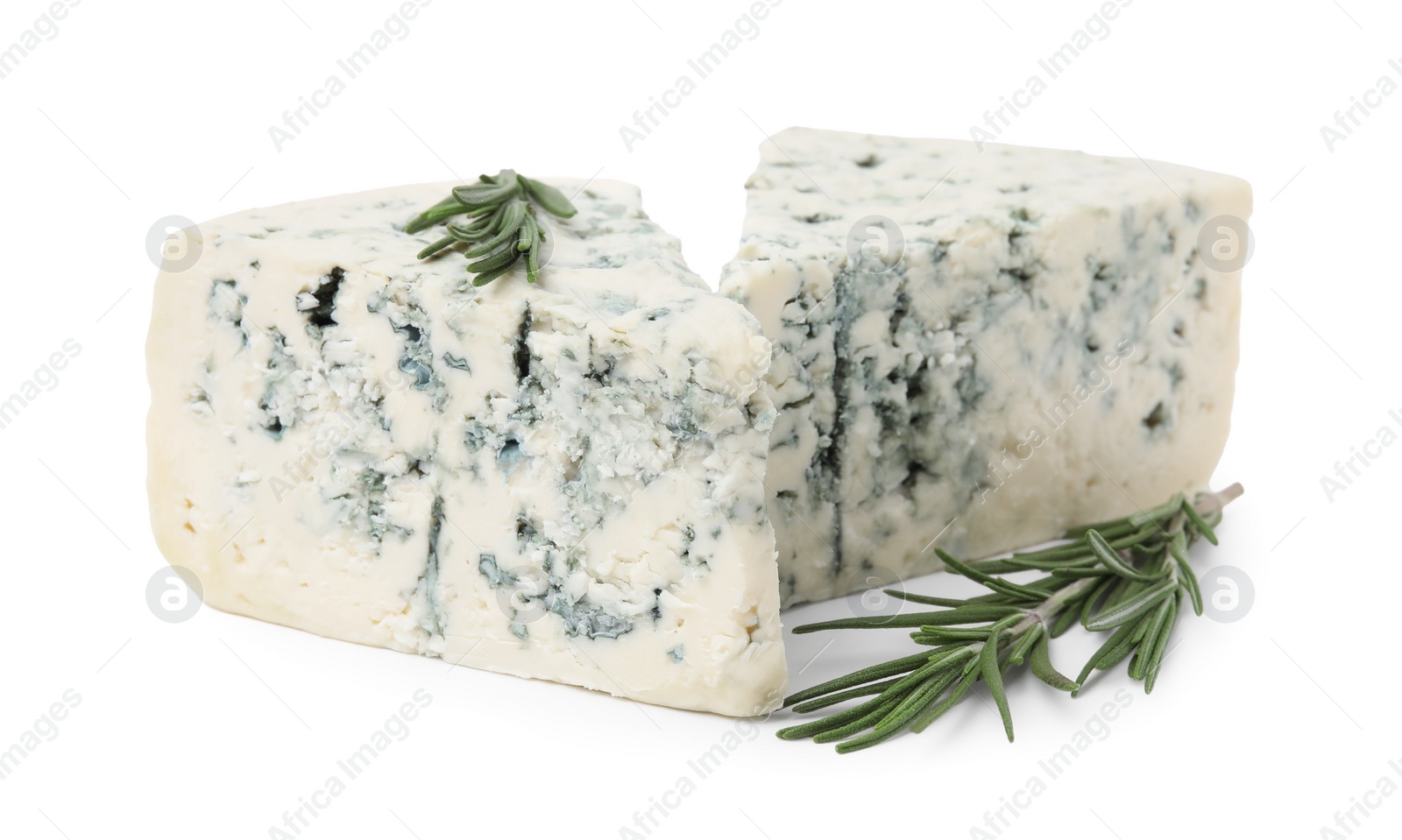 Photo of Tasty blue cheese with rosemary isolated on white