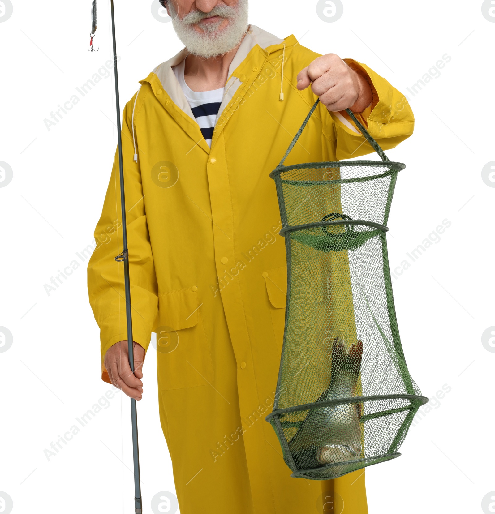 Photo of Fisherman holding rod and fishing net with catch isolated on white, closeup