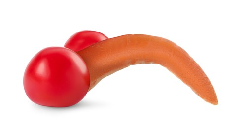 Image of Carrot and tomatoes symbolizing male sexual organs on white background. Potency problem