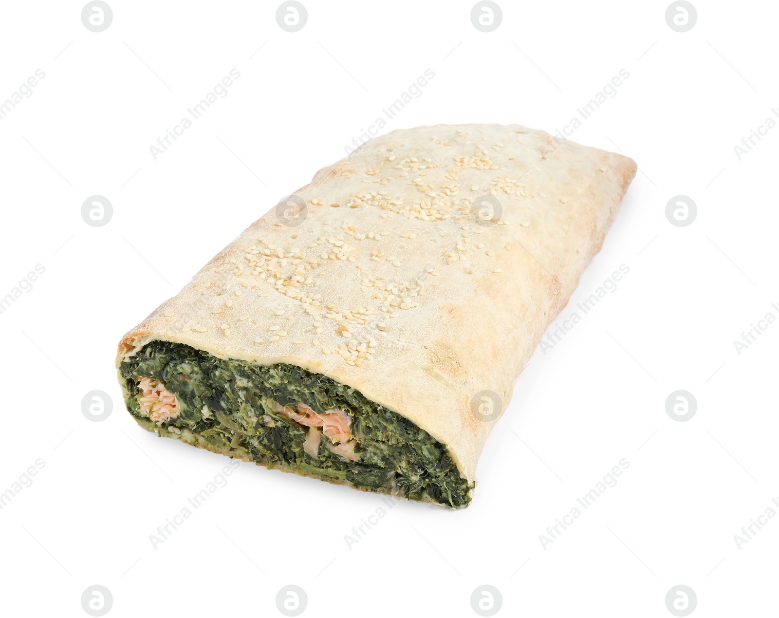 Photo of Tasty strudel with salmon and spinach isolated on white