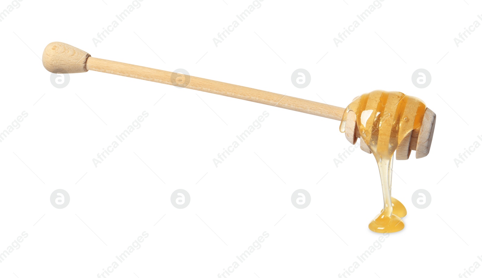 Photo of Natural honey dripping from dipper on white background