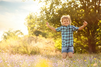 Photo of Cute little boy having fun outdoors, space for text. Child spending time in nature