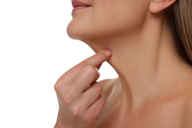 Photo of Mature woman touching her neck on white background, closeup