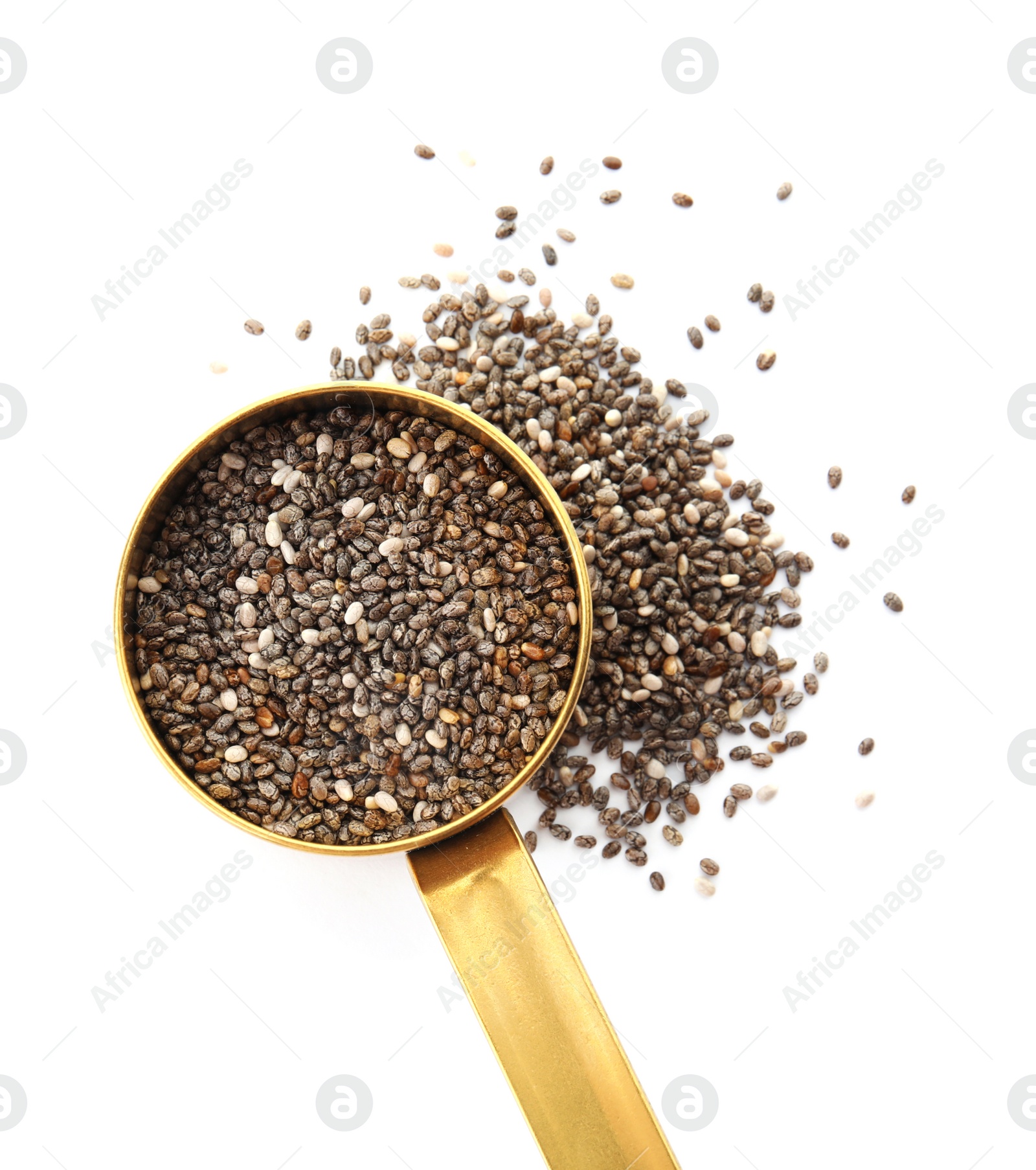 Photo of Saucepan and chia seeds isolated on white, top view