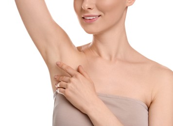 Photo of Woman showing armpit with smooth clean skin on white background, closeup