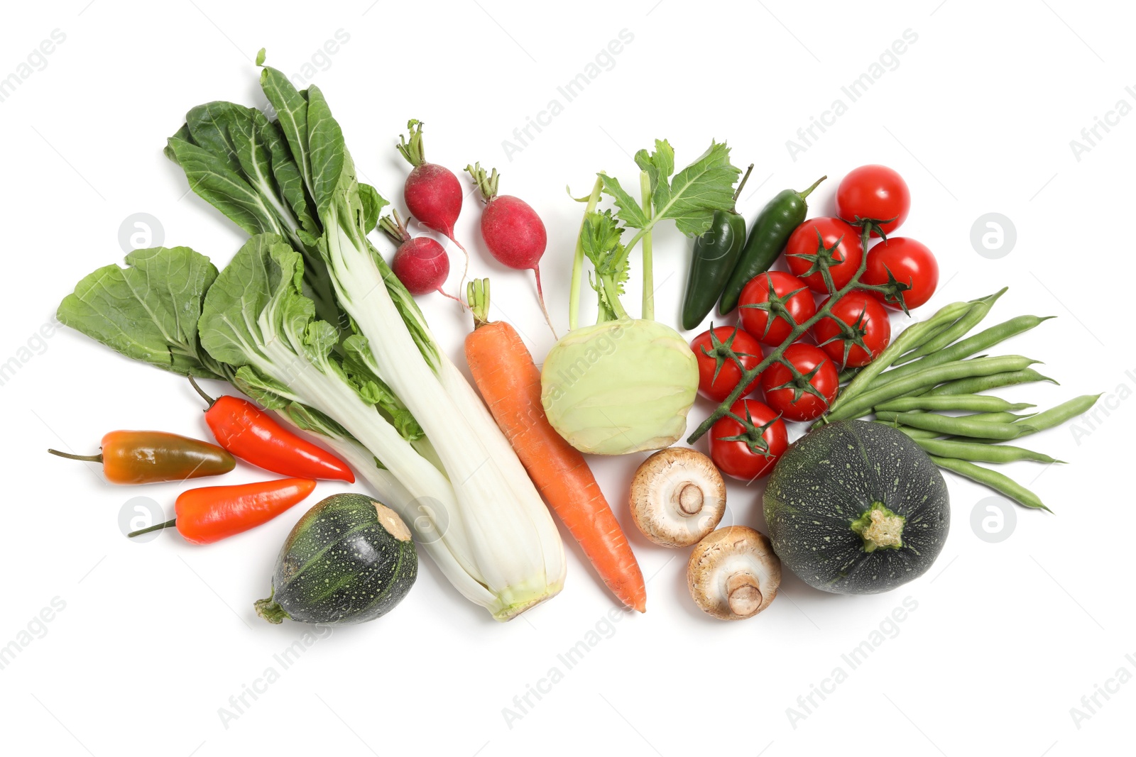 Photo of Many different fresh vegetables on white background, top view