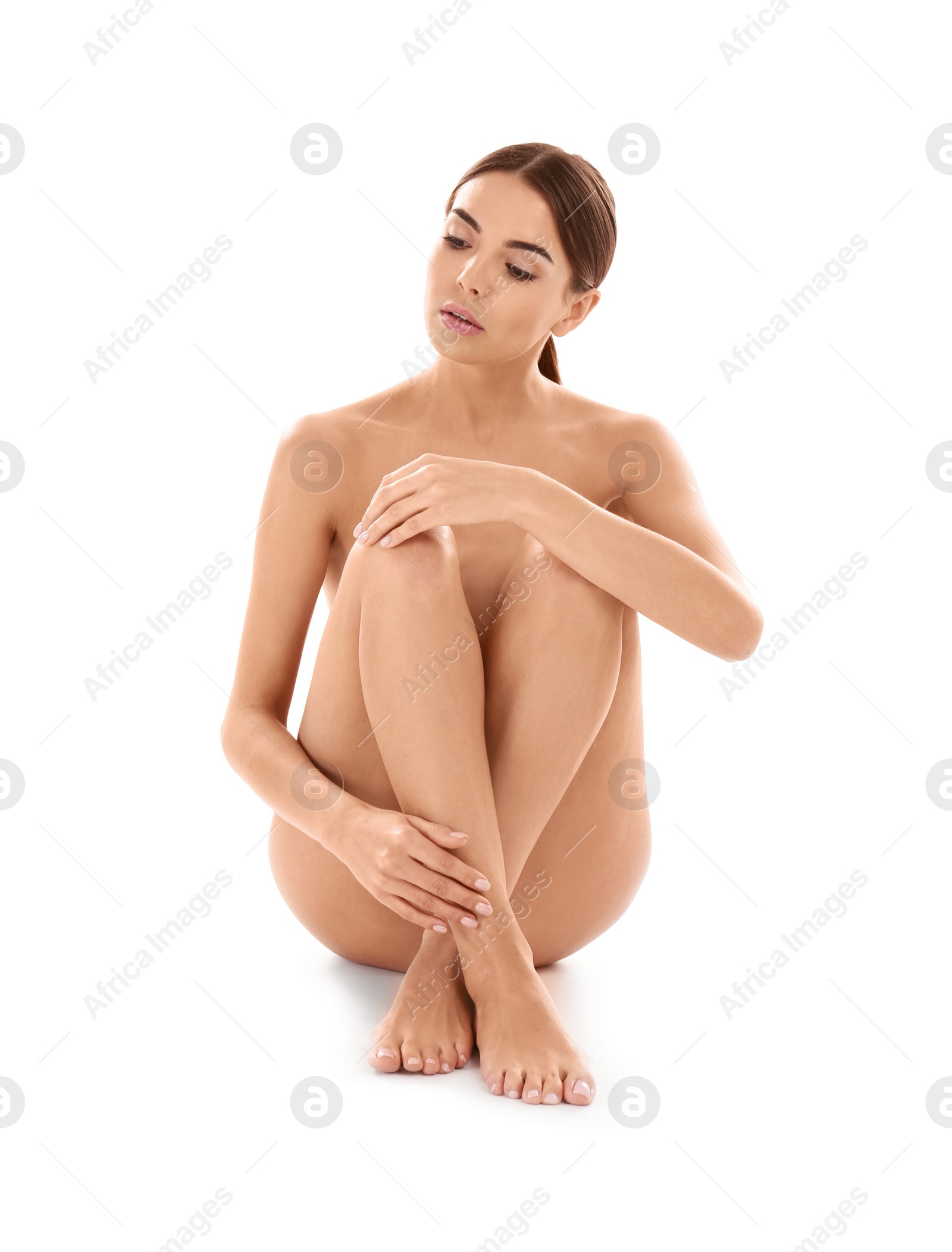 Photo of Young woman with perfect smooth skin on white background. Beauty and body care