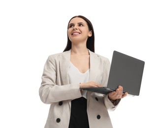Photo of Beautiful businesswoman in suit using laptop on white background, low angle view