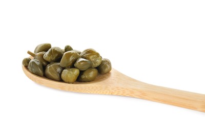 Wooden spoon with capers on white background