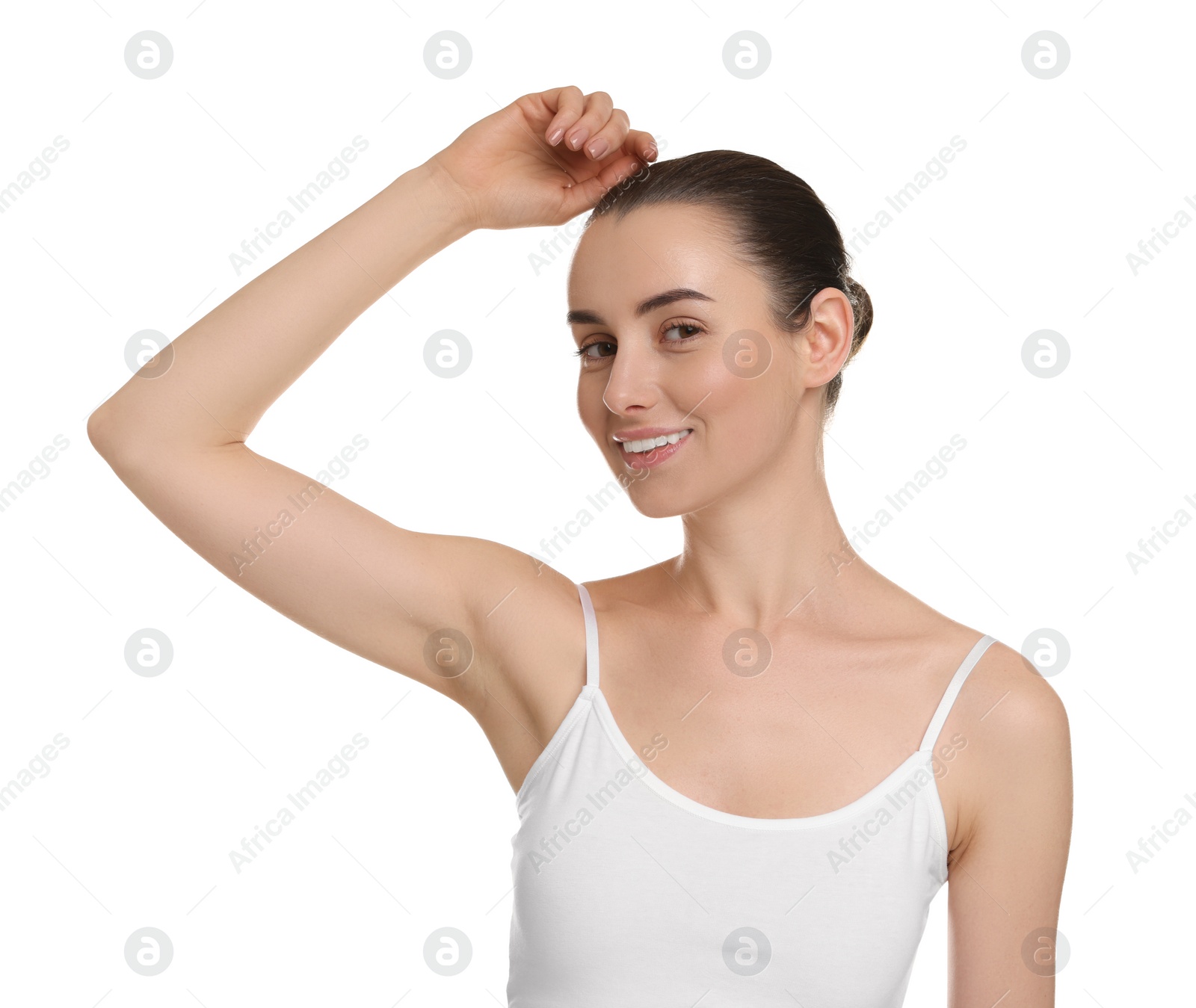 Photo of Beautiful woman showing armpit with smooth clean skin on white background