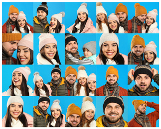 Collage with photos of people wearing warm clothes on blue background. Winter vacation