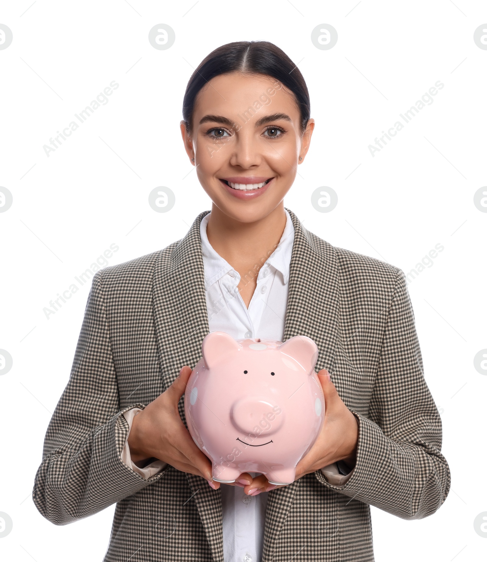 Photo of Happy young businesswoman with piggy bank on white background