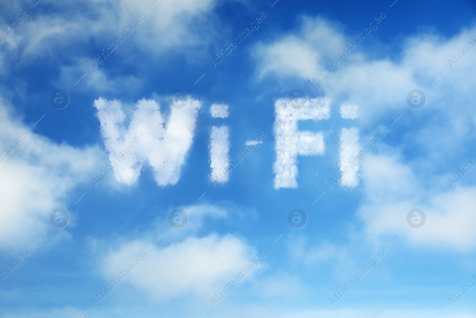 Image of Clouds in shape of word WI-FI against blue sky