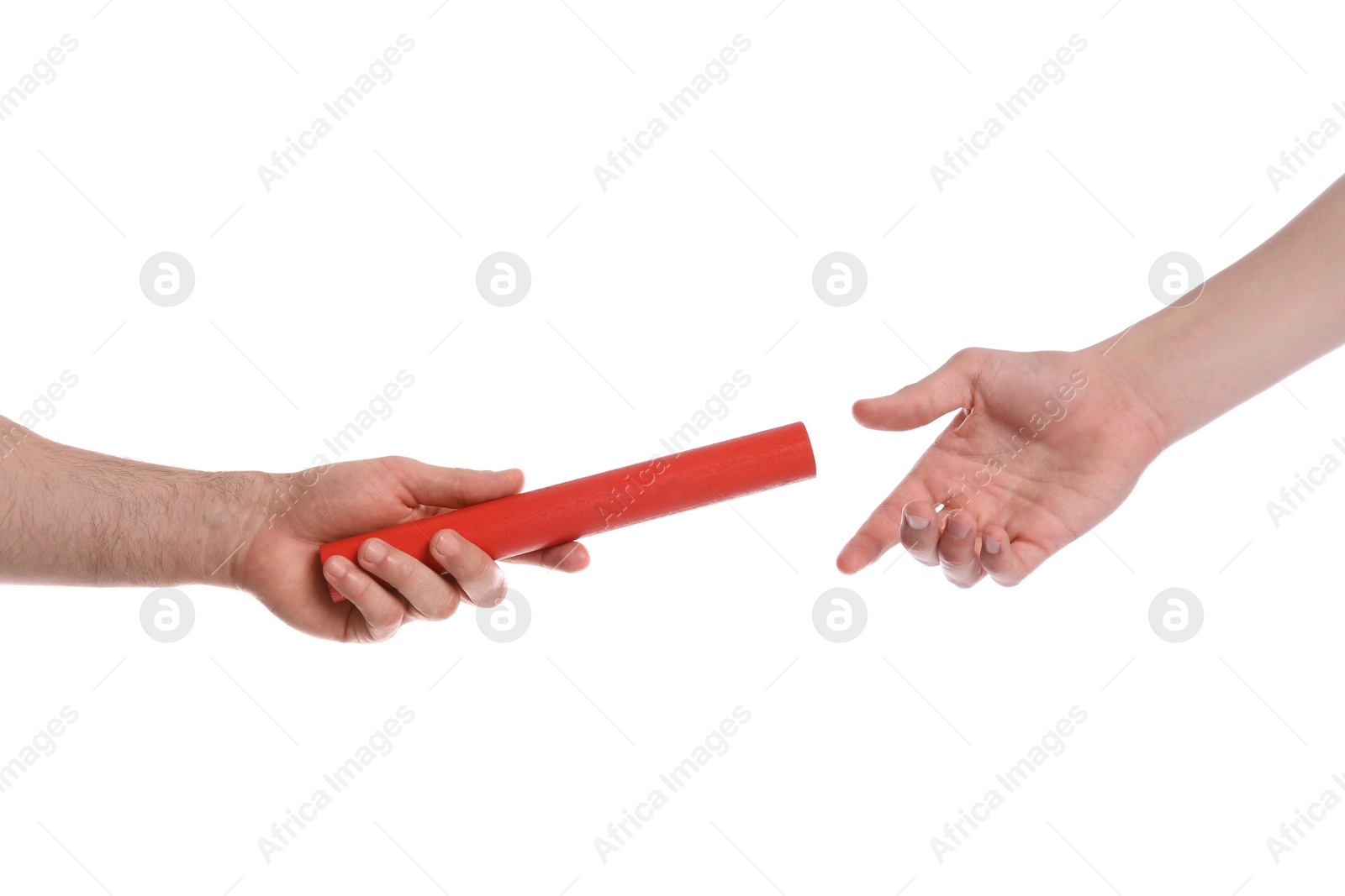 Photo of Man passing baton to woman on white background, closeup