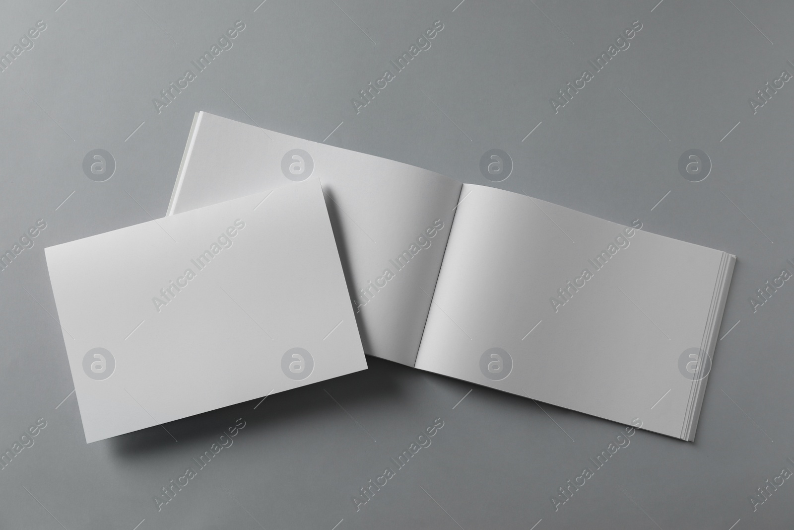 Photo of Blank brochures on light grey background, flat lay