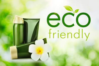 Organic eco friendly cosmetic products on green background, bokeh effect