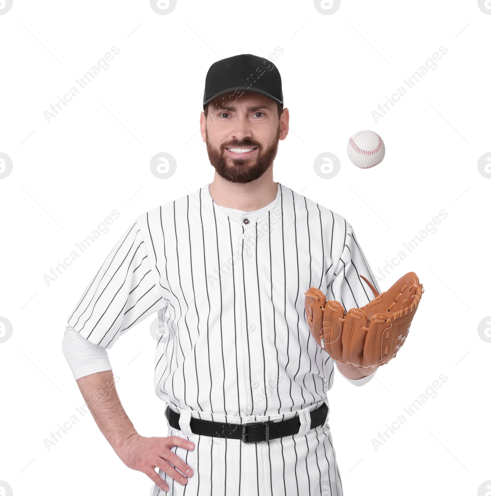 Photo of Baseball player catching ball on white background