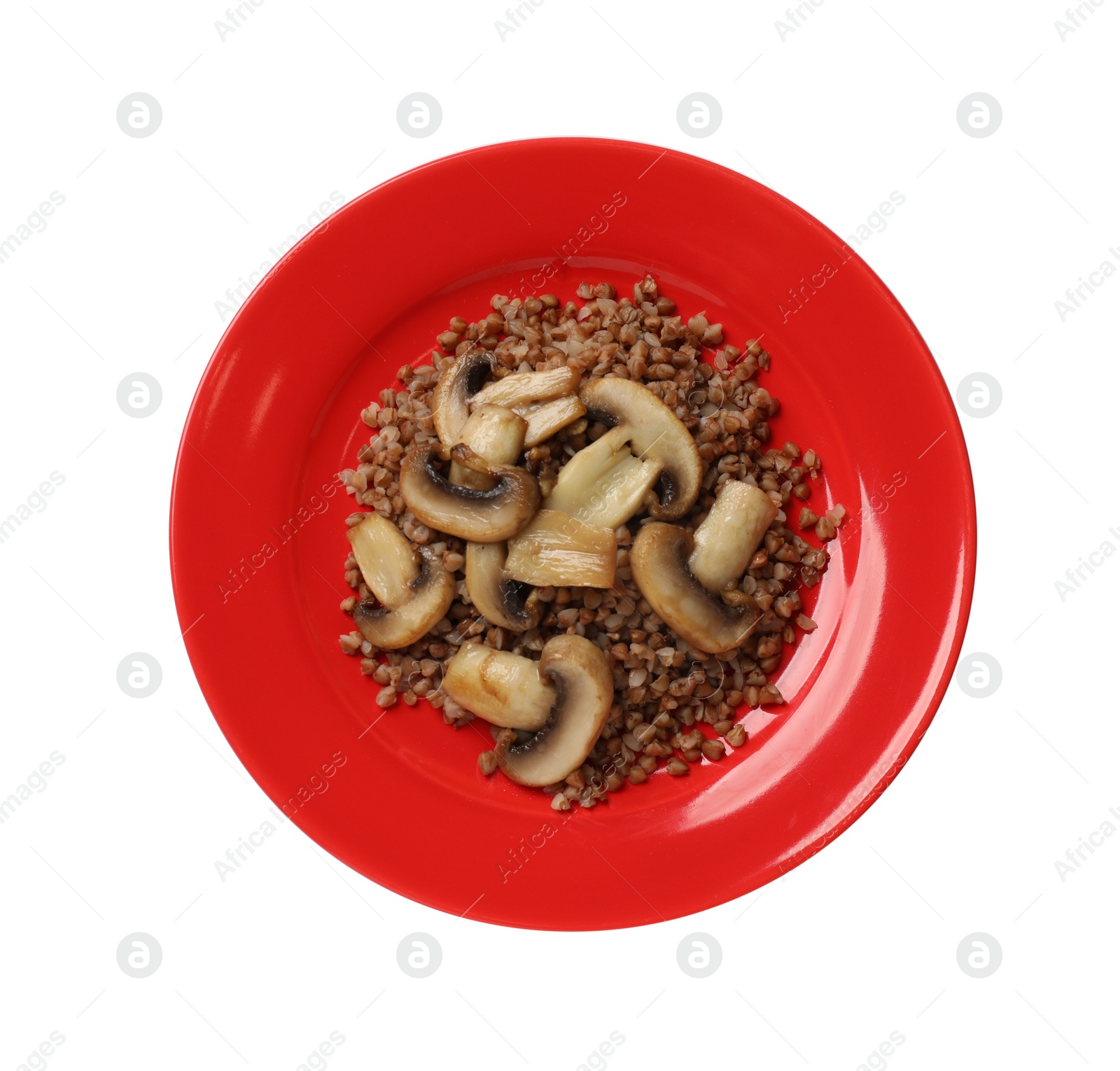 Photo of Tasty buckwheat with mushrooms isolated on white, top view