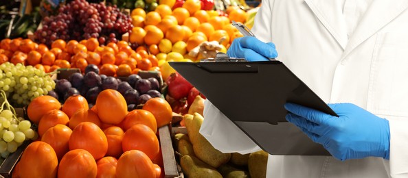 Food quality control specialist examining fruits at market, closeup. Banner design