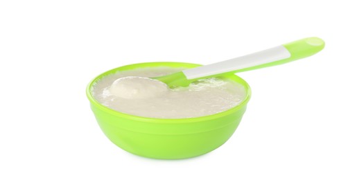 Photo of Healthy baby food in bowl on white background