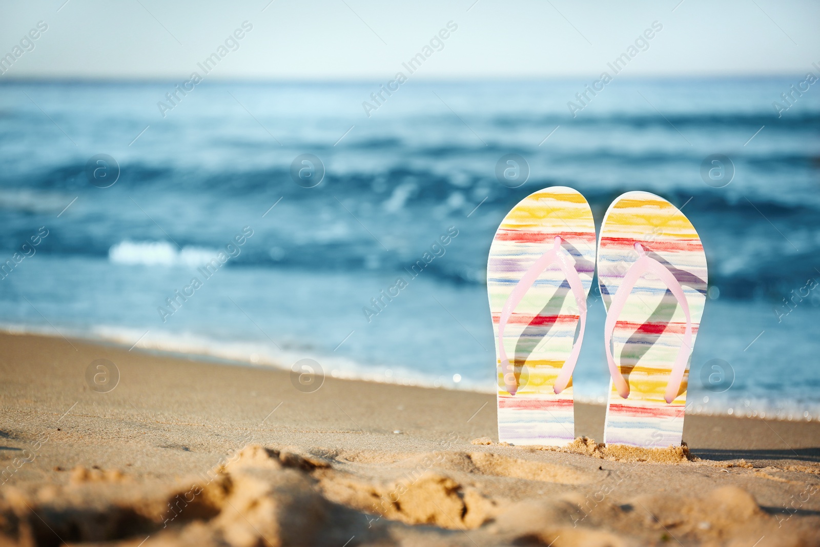 Photo of Stylish flip flops on sand near sea, space for text. Beach accessories