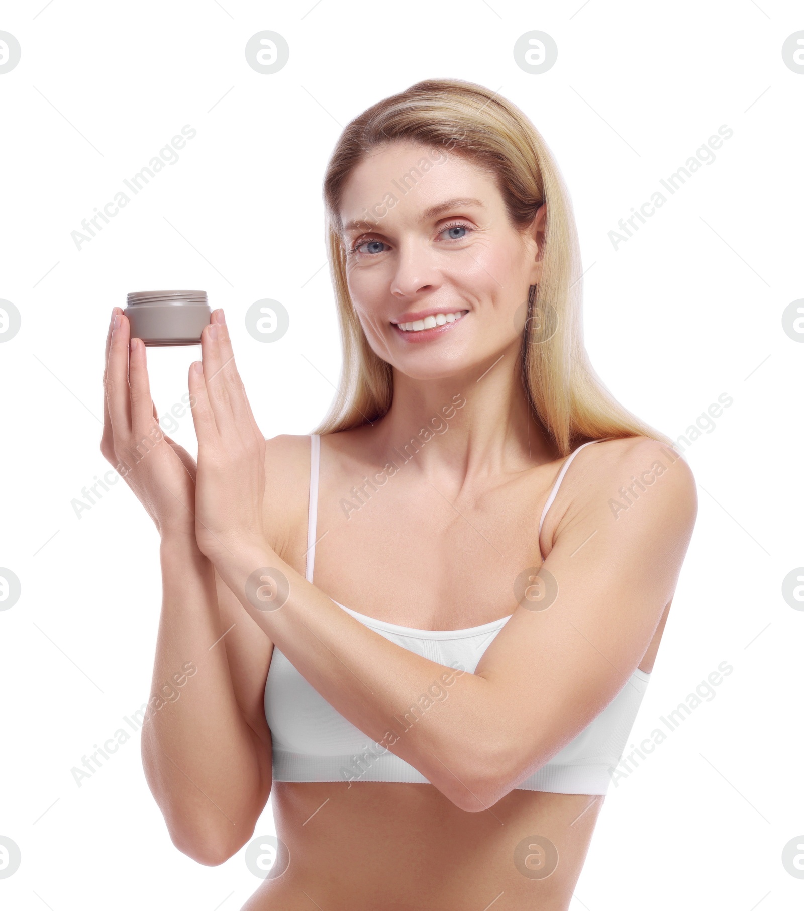 Photo of Woman with jar of body cream on white background