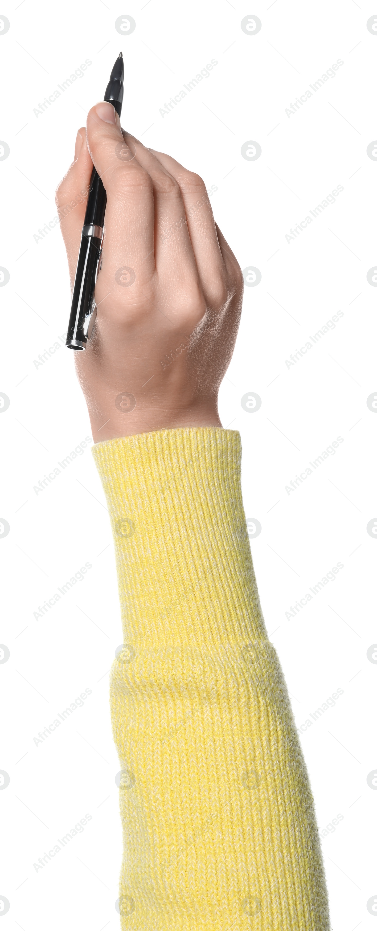 Photo of Woman holding pen on white background, closeup of hand