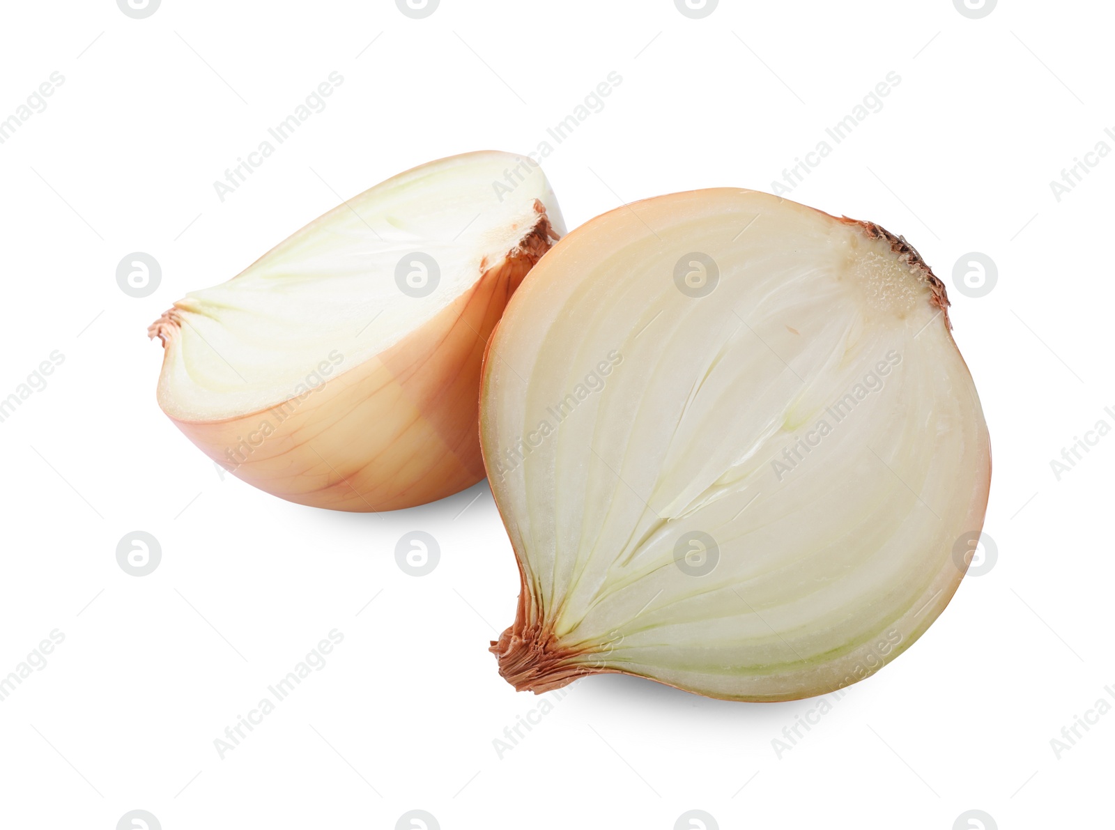 Photo of Halves of fresh ripe onion on white background