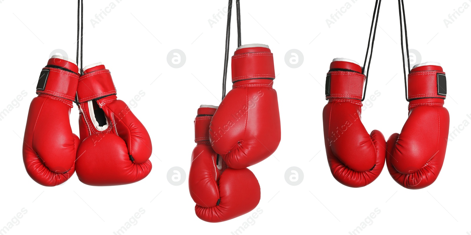 Image of Set with red boxing gloves on white background. Banner design