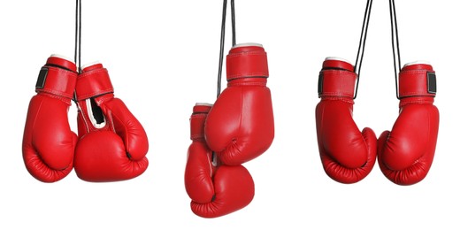 Image of Set with red boxing gloves on white background. Banner design