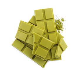 Photo of Pieces of tasty matcha chocolate bar and powder isolated on white, top view