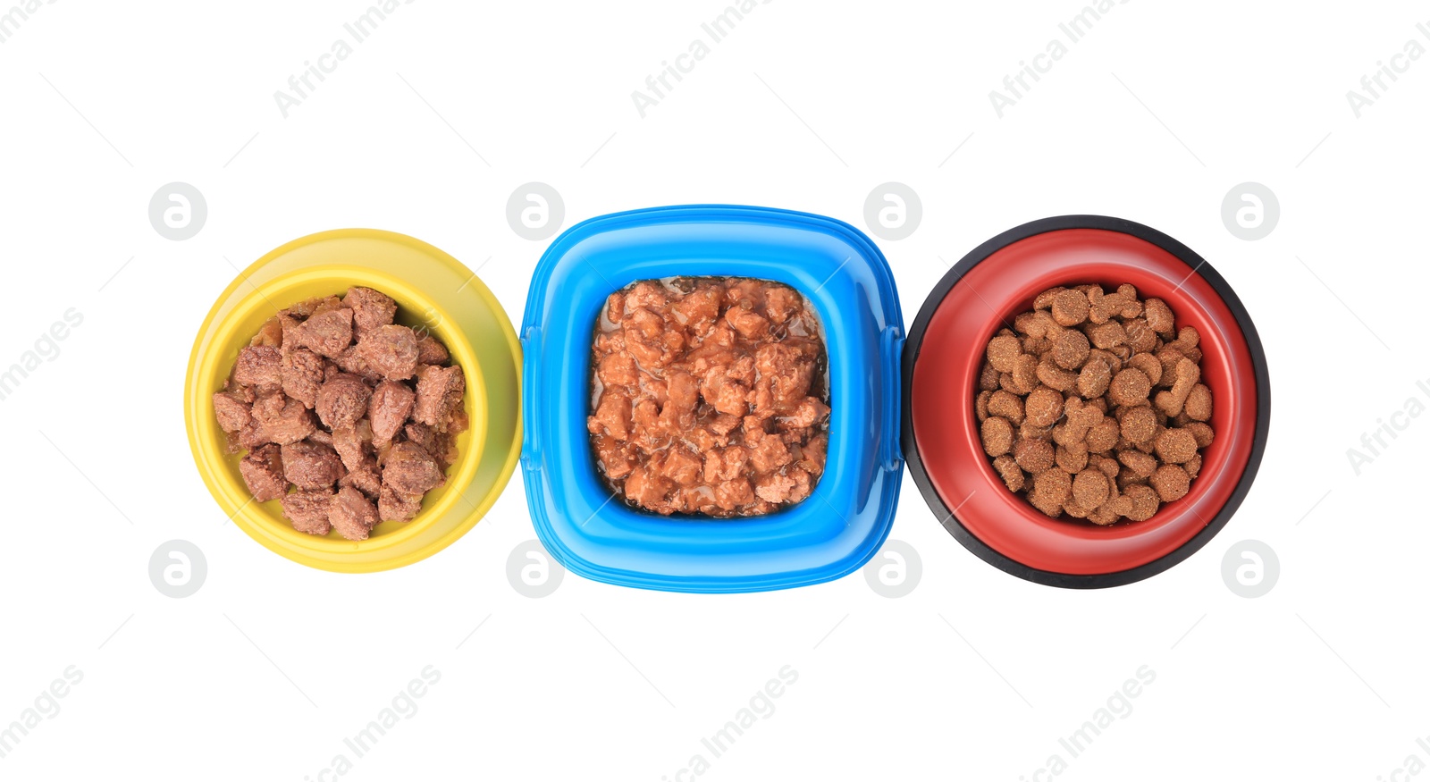 Photo of Dry and wet pet food in feeding bowls isolated on white, top view