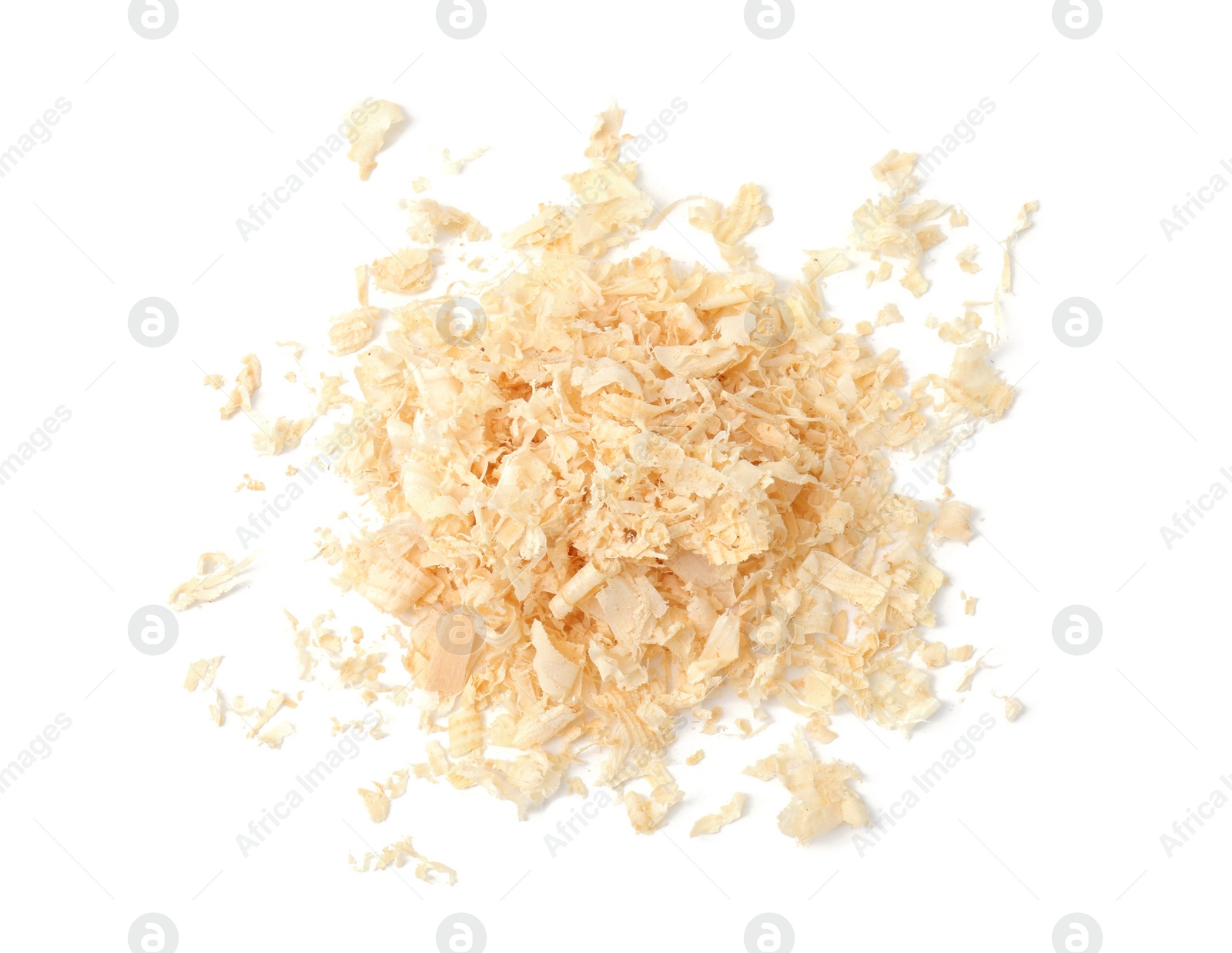 Photo of Pile of natural sawdust isolated on white, top view