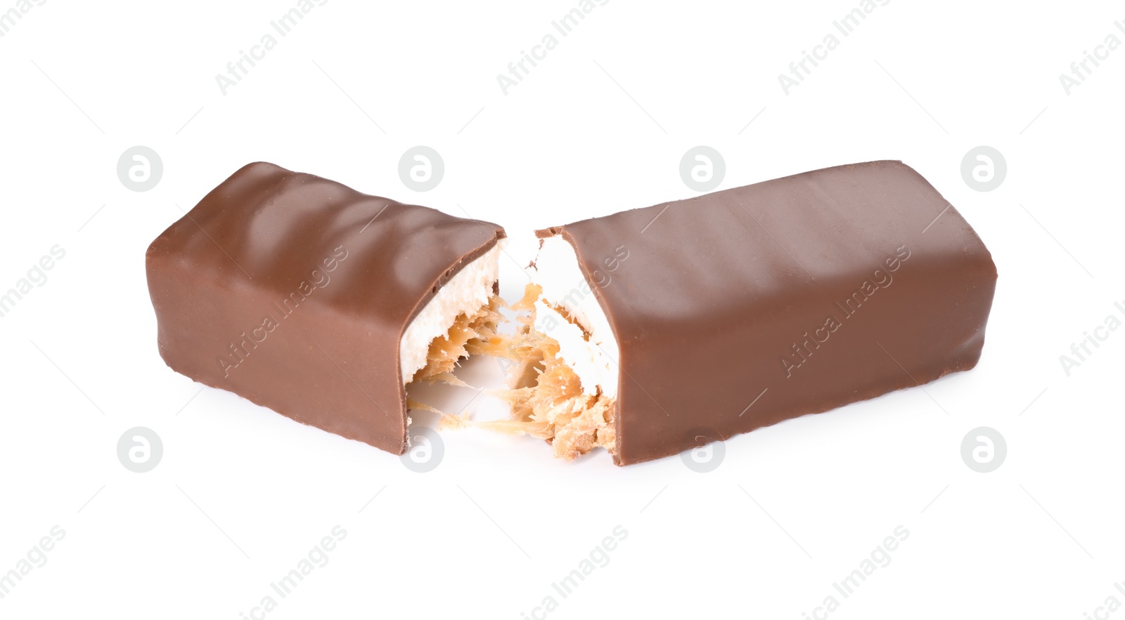 Photo of Tasty chocolate bar with nougat and nuts isolated on white