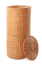 Photo of Wicker basket with lid on white background